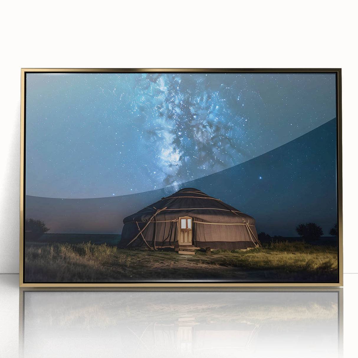 Large art print of a serene Mongolian landscape in muted earth tones, framed in gold acrylic.