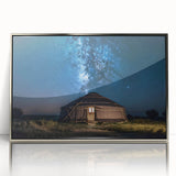 Mid-century modernist art of a Mongolian landscape on silver-framed acrylic, featuring muted earth tones.