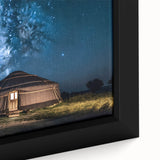 Framed canvas featuring a textured, colorful Mongolian landscape on black background, ideal for living room decor.