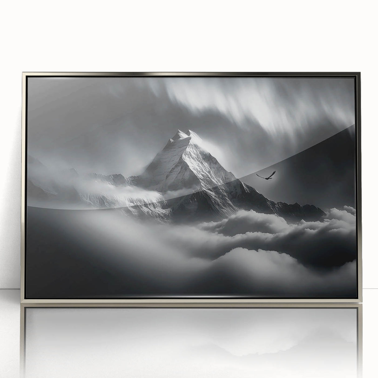 Mid-century modernist art depicting a serene Nepalese landscape in acrylic, framed in silver, ideal for nursery wall art.