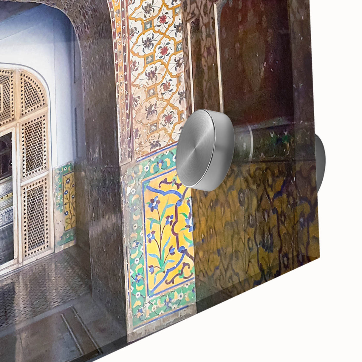 Large abstract wall art depicting a mid-century modernist scene of Asia in muted earth tones on acrylic glass.
