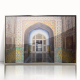 Mid-century modernist art of a tranquil Pakistani landscape in muted earth tones, framed acrylic, ideal for nursery wall art.