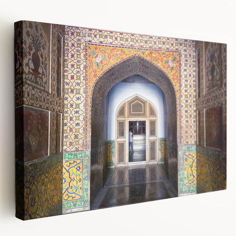 Large canvas print of a serene Pakistani landscape in muted green and blue tones, ideal for kitchen wall art.