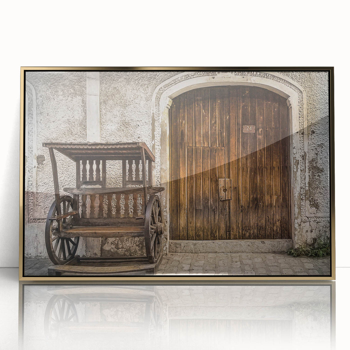 Large art print of a Philippine landscape in gold and green tones on a framed acrylic.