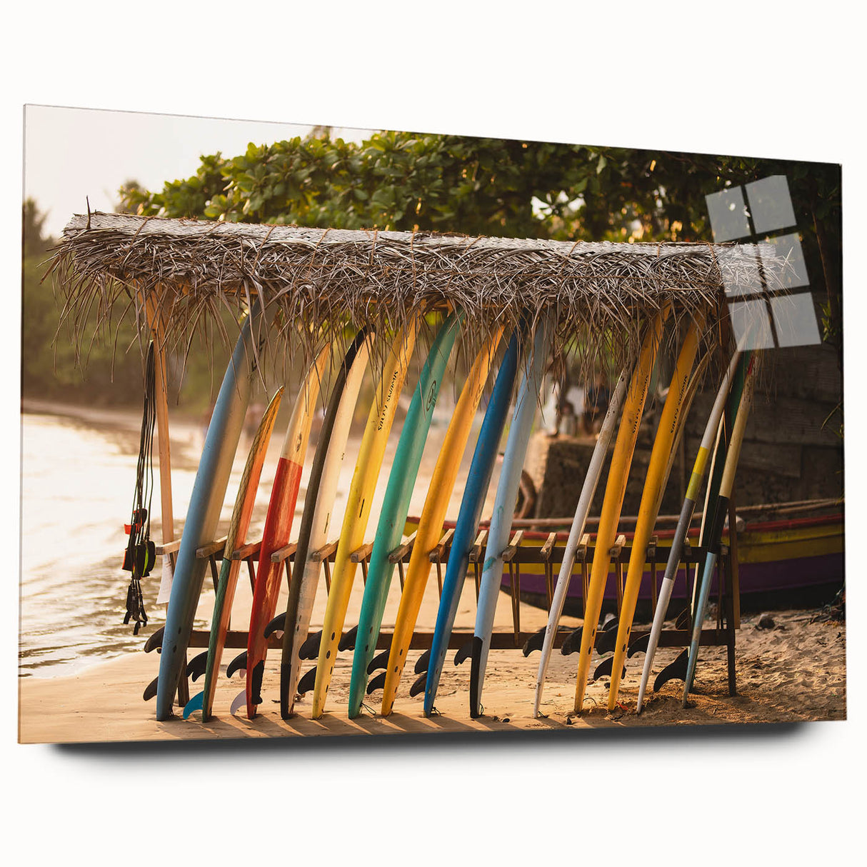 Large abstract wall art depicting a serene Sri Lankan landscape in soft green and blue hues.