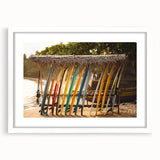 Abstract art print of a Sri Lankan landscape in muted green and blue tones, framed with a white mat.