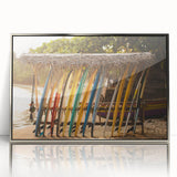 Mid-century modernist acrylic print of a serene Sri Lankan landscape, framed in silver, ideal for nursery wall art.