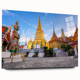 Large abstract wall art of Bangkok scenery in muted blues and greens on acrylic glass.