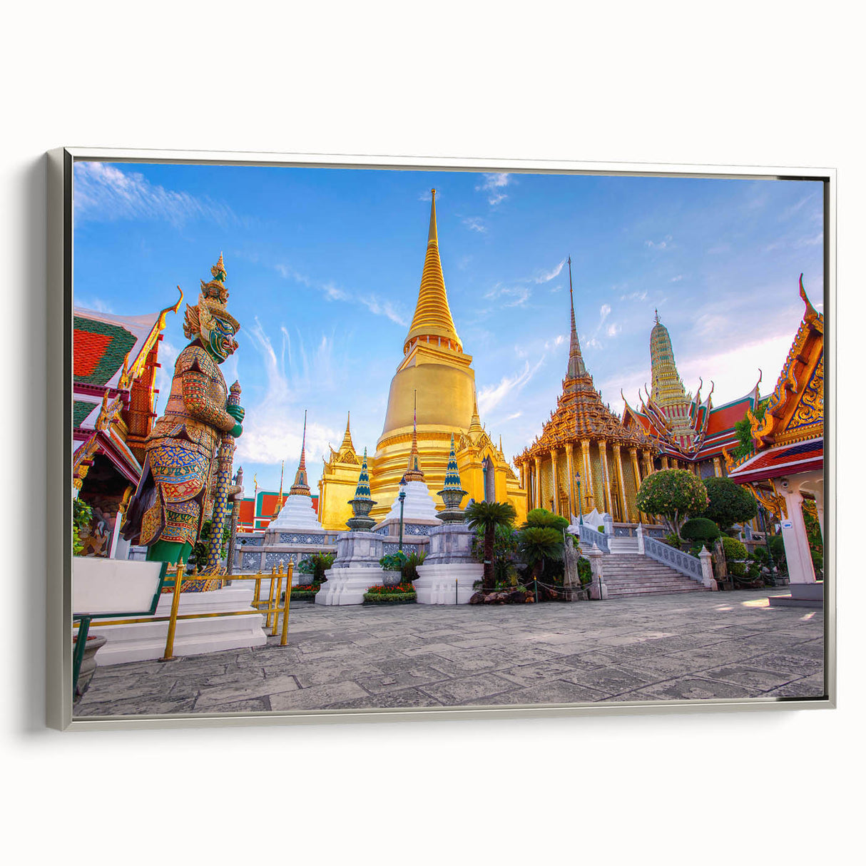 Framed canvas landscape art painting of Bangkok with vintage poster style in colorful and black tones.