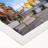 Art deco poster featuring a panoramic Bangkok skyline in muted gold and blue tones, printed on rolled canvas.