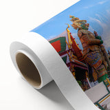 Art Deco poster of Bangkok skyline in muted gold and navy hues on rolled canvas, ideal for nursery wall art.