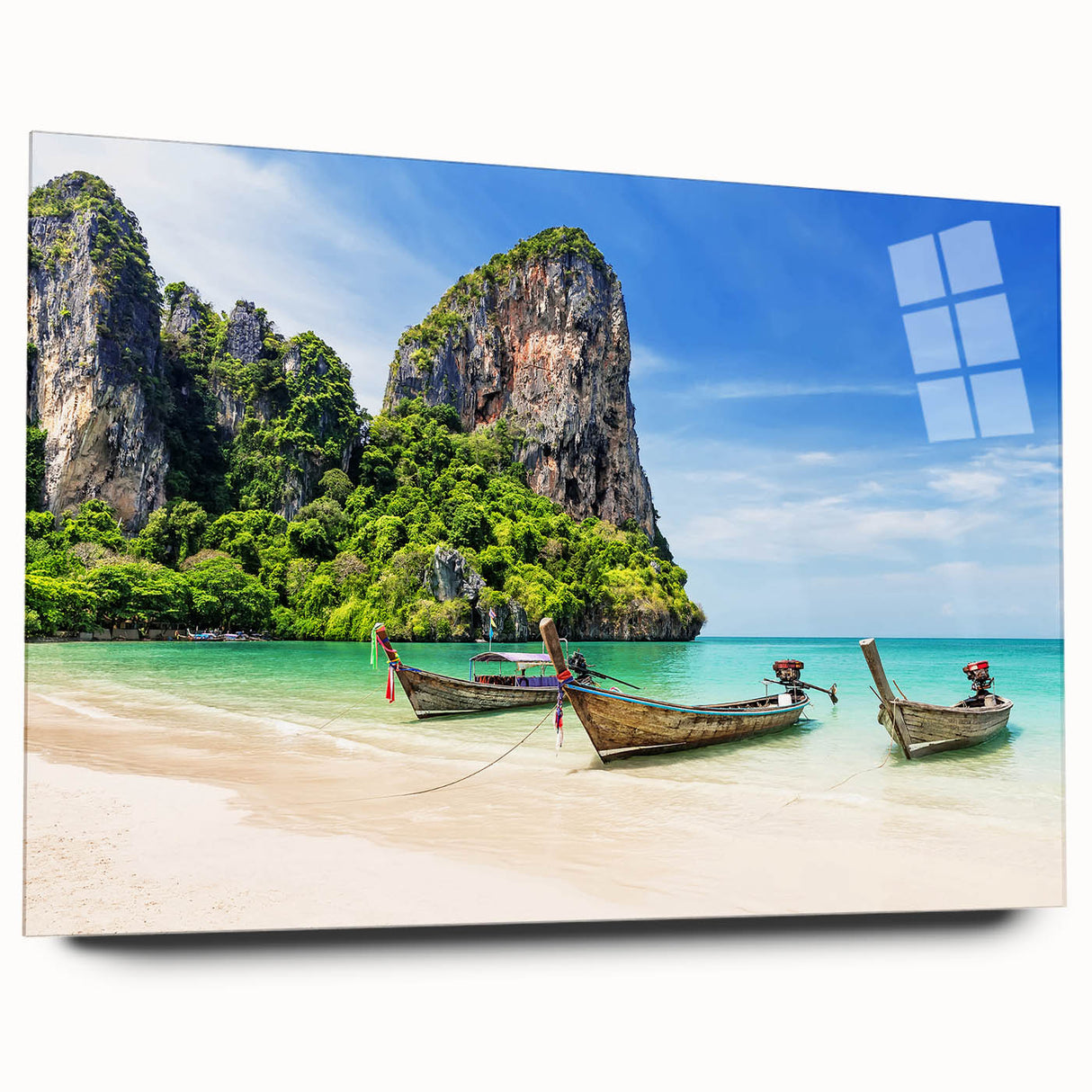 Large abstract wall art depicting a serene Thai landscape in muted greens and blues on acrylic glass.