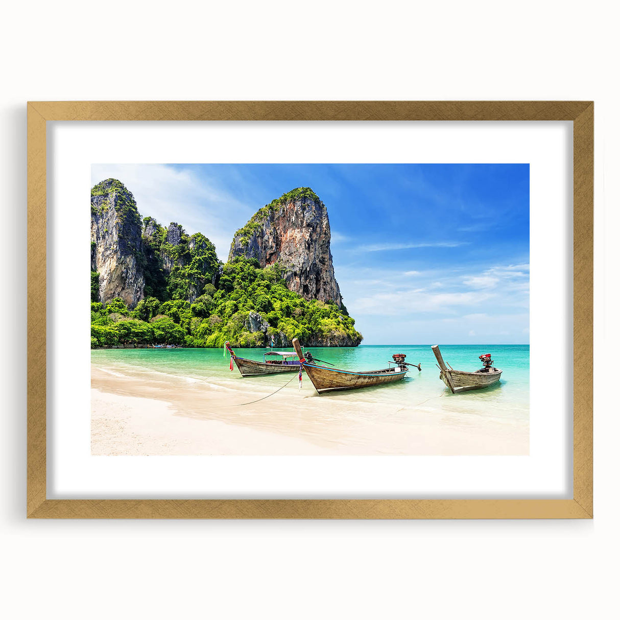 Extra large abstract art print depicting a textured scenery of Thailand in muted earth tones, framed in gold.