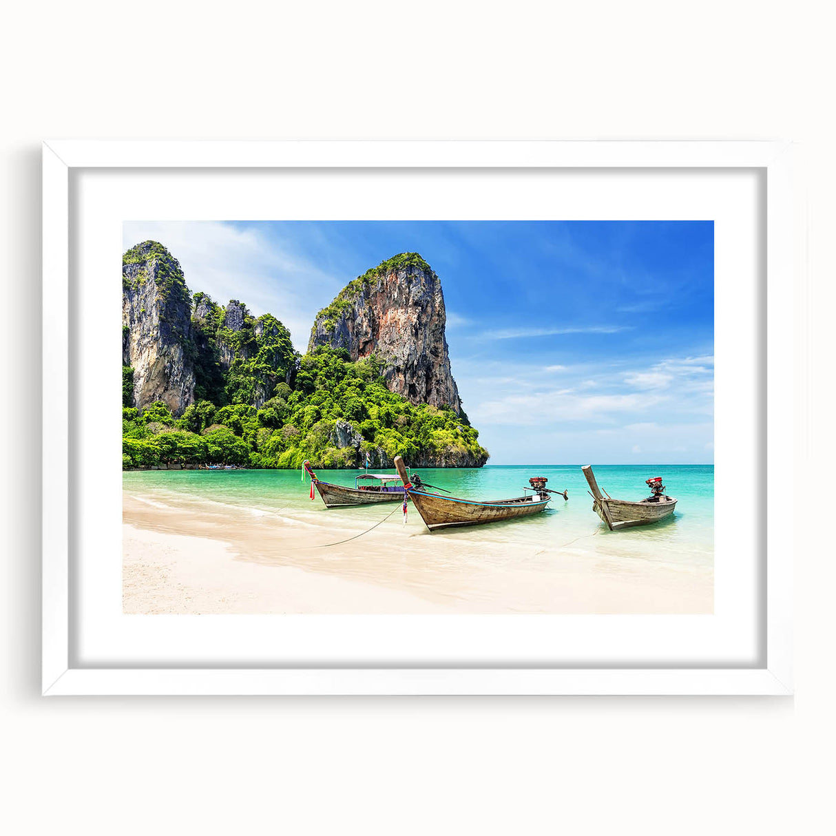 Abstract art print of a serene Thai landscape in soft blue and green hues on a framed white mat.