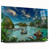 Acrylic print of a Vietnamese landscape in muted greens and blues, ideal for dining room decor.