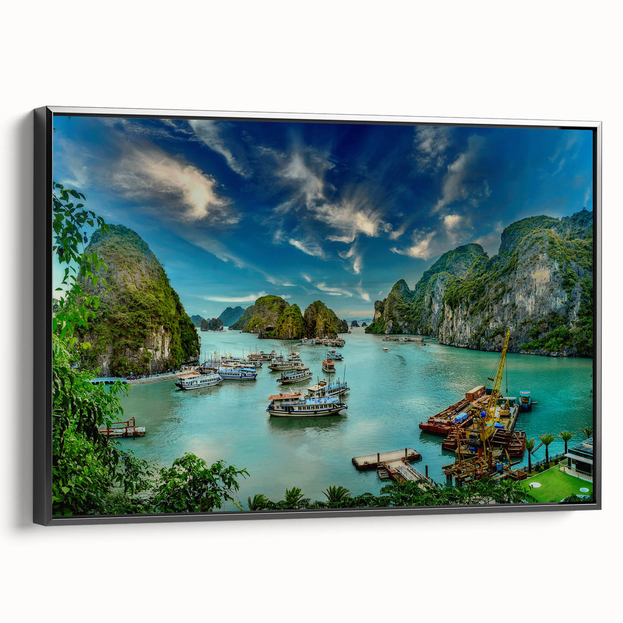 Black and white landscape art painting of a Vietnamese scenery on framed canvas, ideal for bedroom wall decor.