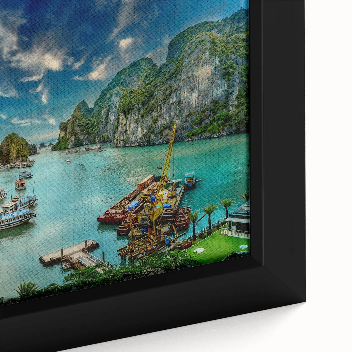 Framed canvas featuring a textured, colorful depiction of a Vietnamese landscape in black with vibrant details.