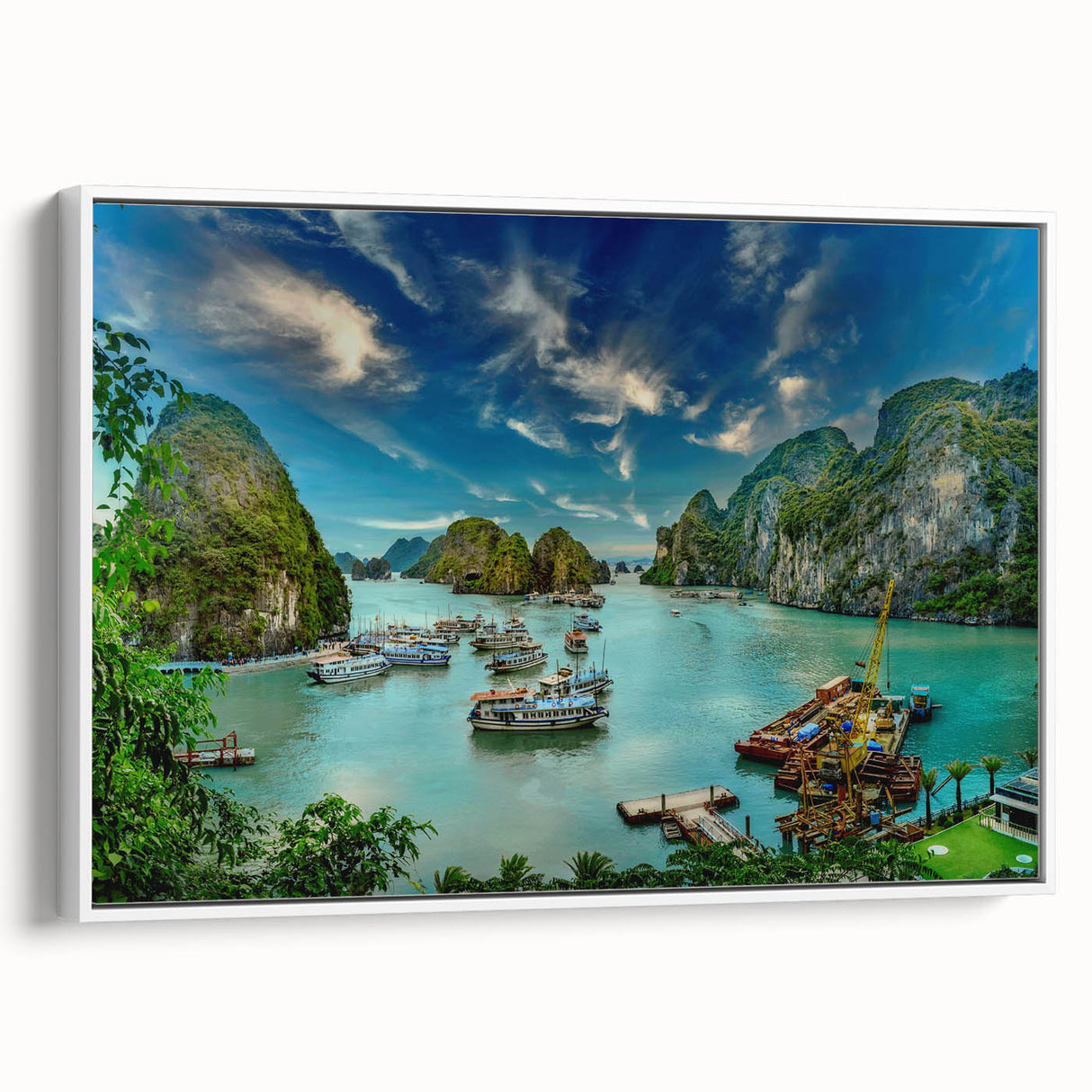 Vintage poster art of a scenic Vietnamese landscape on a framed canvas, featuring a palette of vibrant greens and blues.