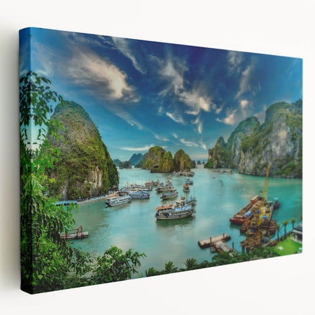 Side view of a stretched canvas depicting a serene Vietnamese landscape in muted green and blue tones.