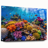 Acrylic print of the Great Barrier Reef in vivid blue and green tones, ideal for dining room decor.