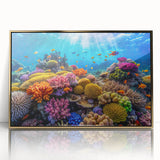 Mid-century modernist art of the Great Barrier Reef in vibrant blues and greens on a framed acrylic.