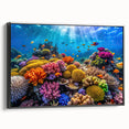 Black and white framed canvas of the Great Barrier Reef, in a vintage poster style, ideal for bedroom wall decor.