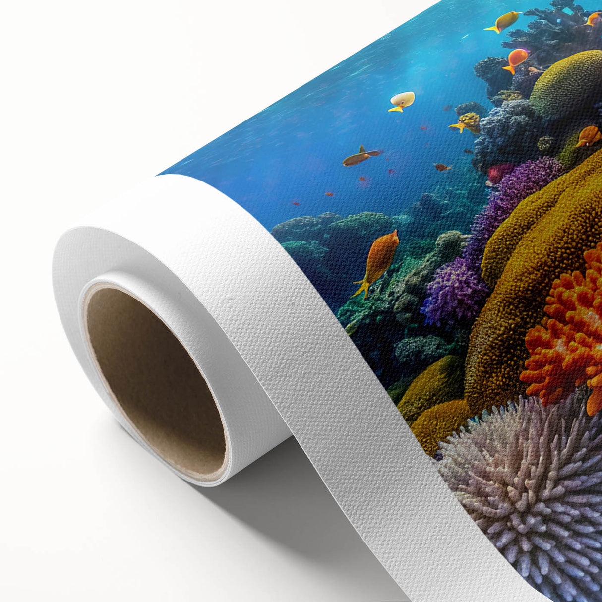 Art Deco style poster of the Great Barrier Reef in cool blue tones on rolled canvas, ideal for nursery wall art.