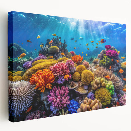 Vivid blue and green depiction of the Great Barrier Reef on stretched canvas, suitable for kitchen wall art.