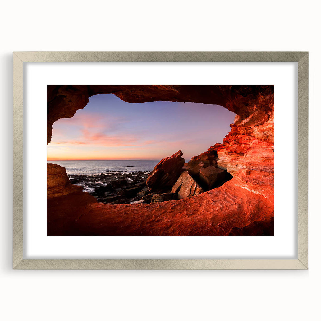 Abstract art print of Perth scenery in muted blue and gray tones on a framed silver mat.