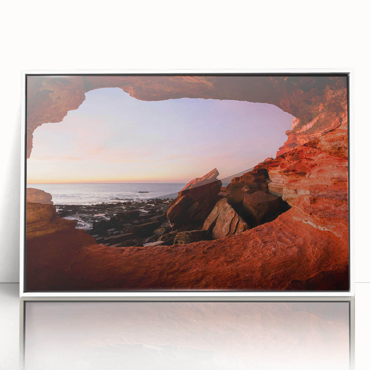 Large art print of Perth, Australia scenery on white-framed acrylic, featuring mid-century modernist style.