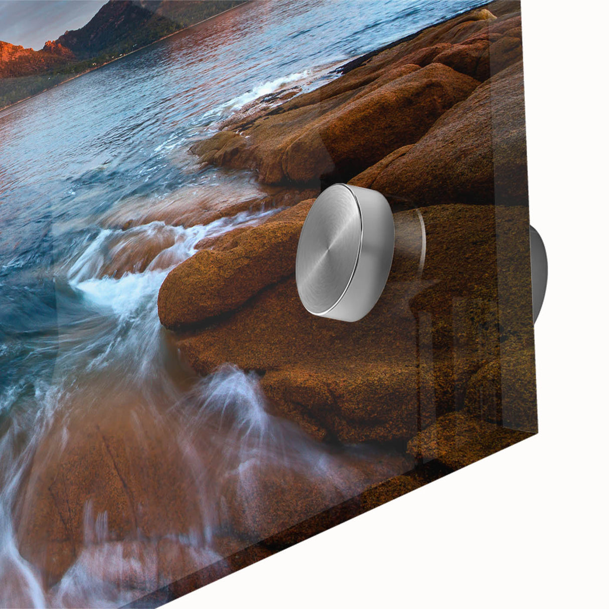 Large abstract wall art print of Tasmania scenery in muted earth tones on acrylic glass, ideal for dining room ambiance.