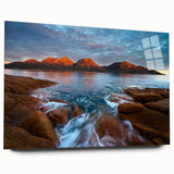 Large abstract wall art of Tasmania scenery in muted earth tones on acrylic glass, suitable for bedroom or dining room decor.