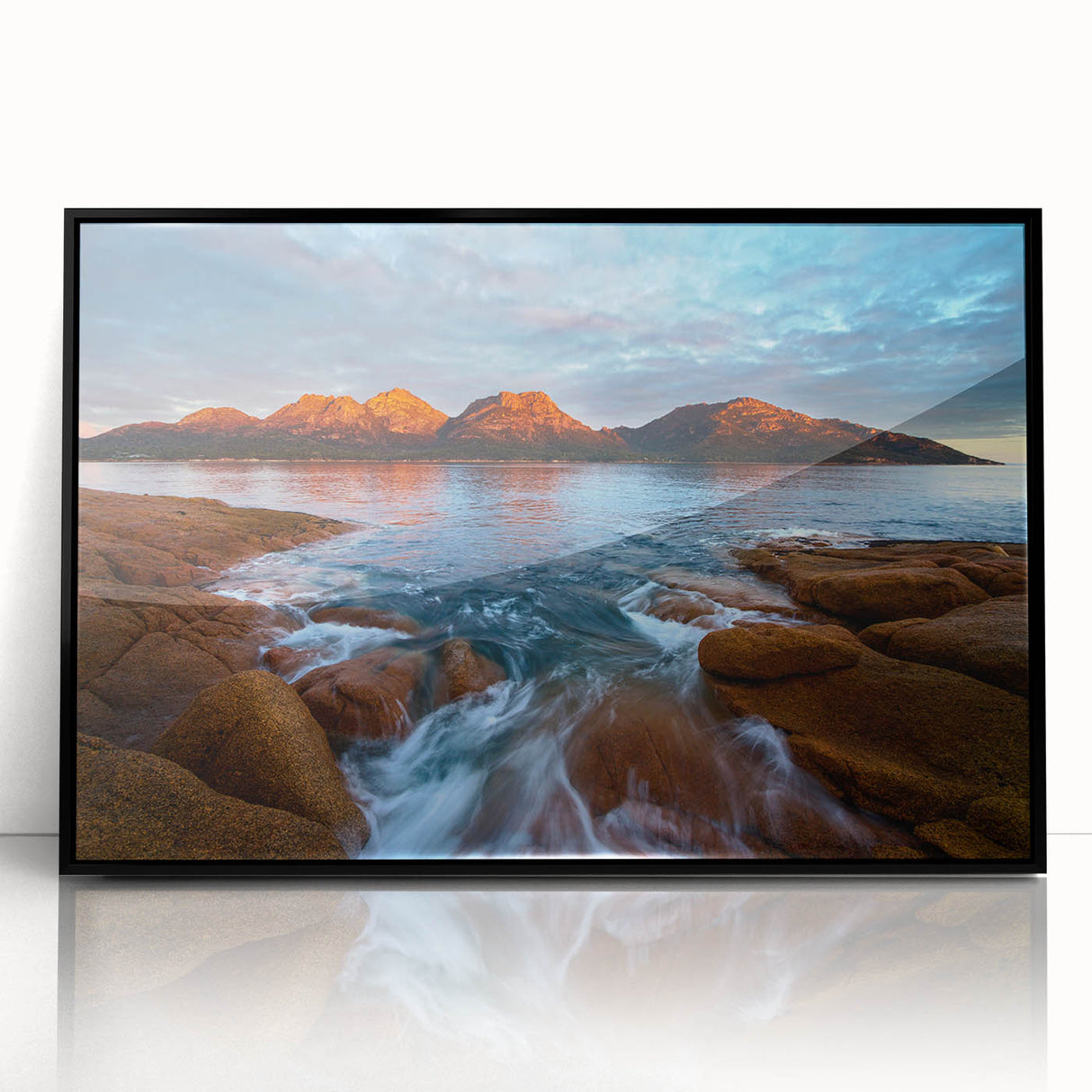 Large abstract wall art depicting a Tasmanian landscape in muted earth tones on a framed acrylic.