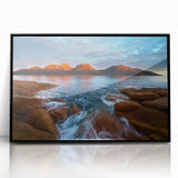 Large abstract wall art depicting a Tasmanian landscape in muted earth tones on a framed acrylic.