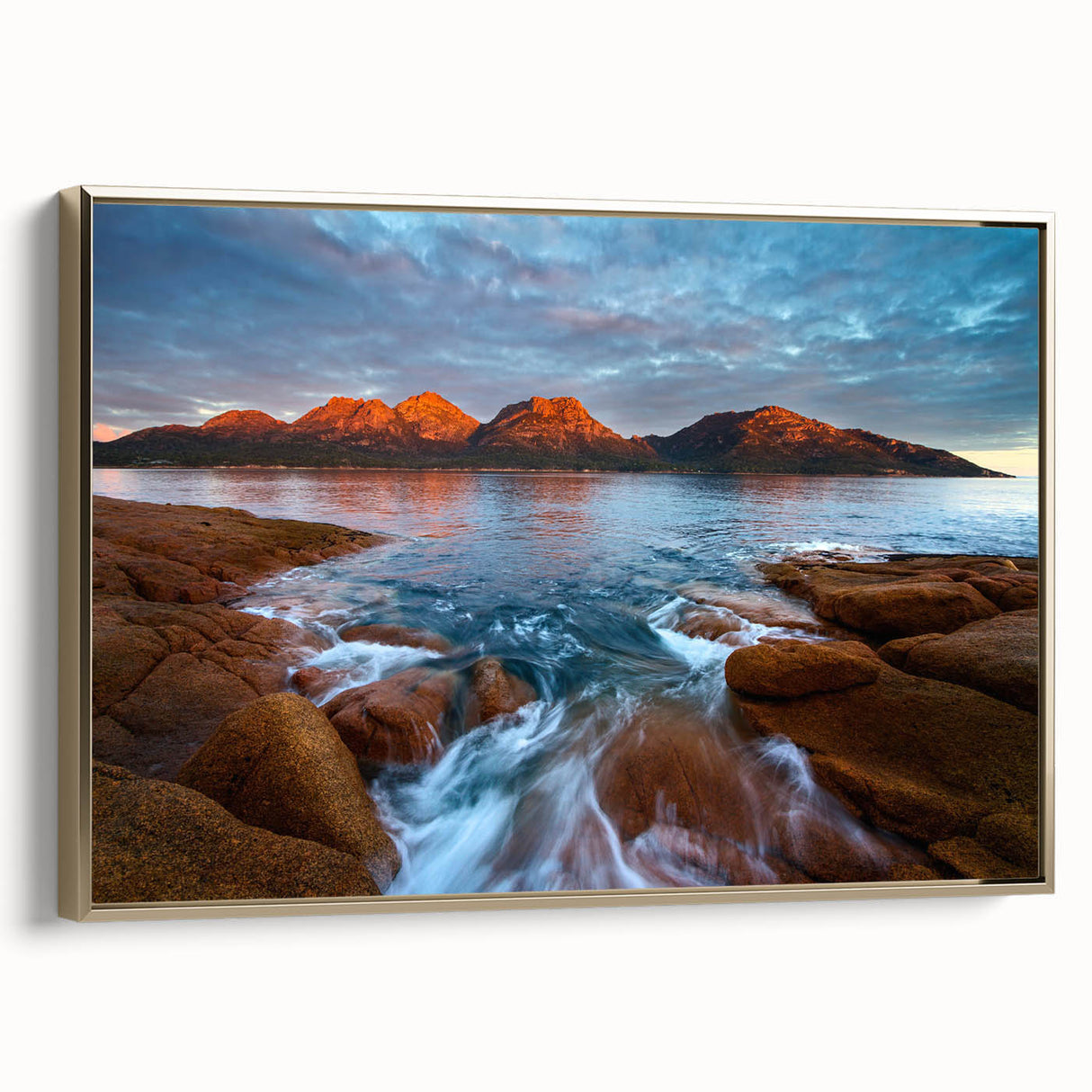 Vintage poster art of a Tasmanian landscape on framed canvas, featuring vibrant colors, ideal for living room decor.