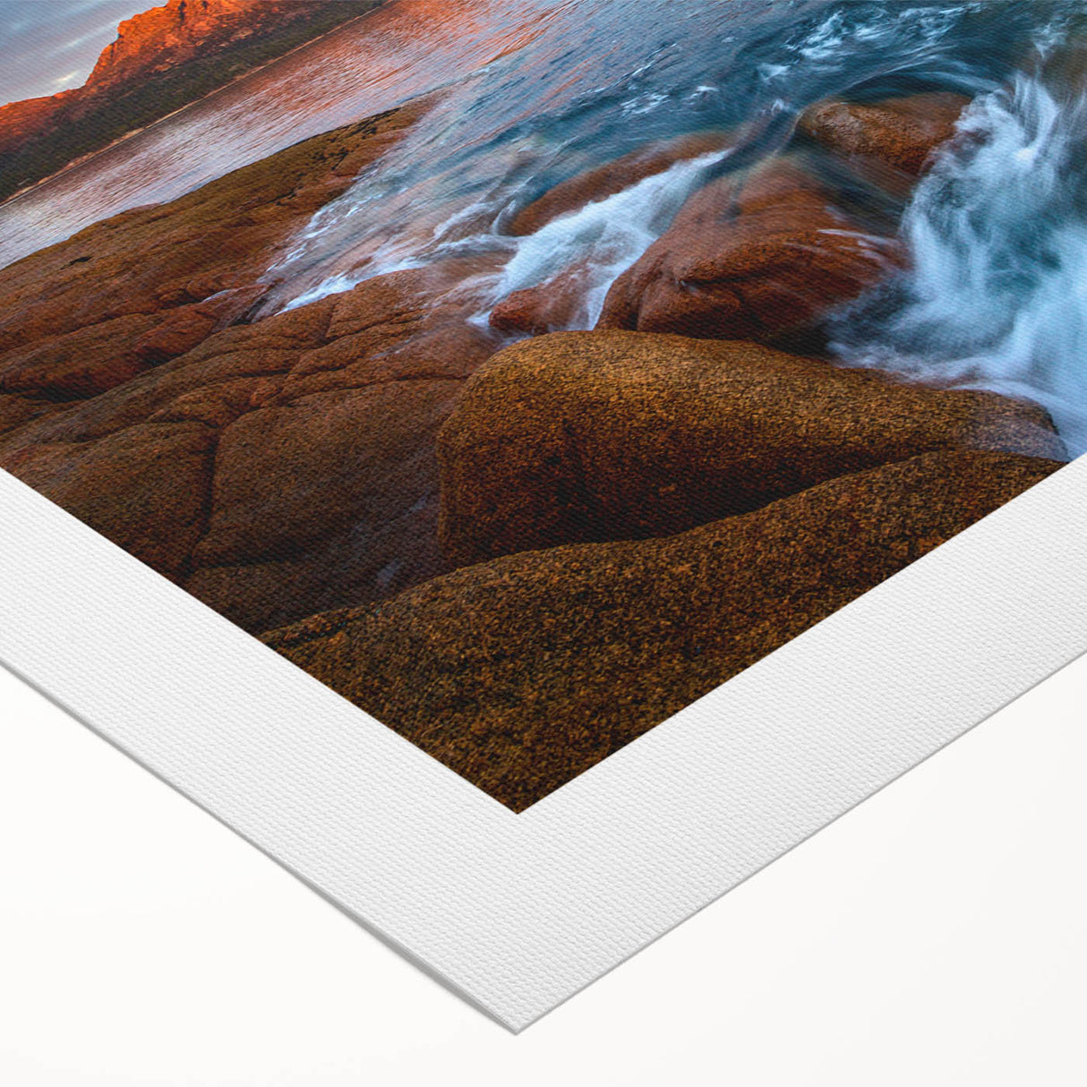 Art deco poster of Tasmania scenery in pastel shades on rolled canvas, suitable for dining room wall art.