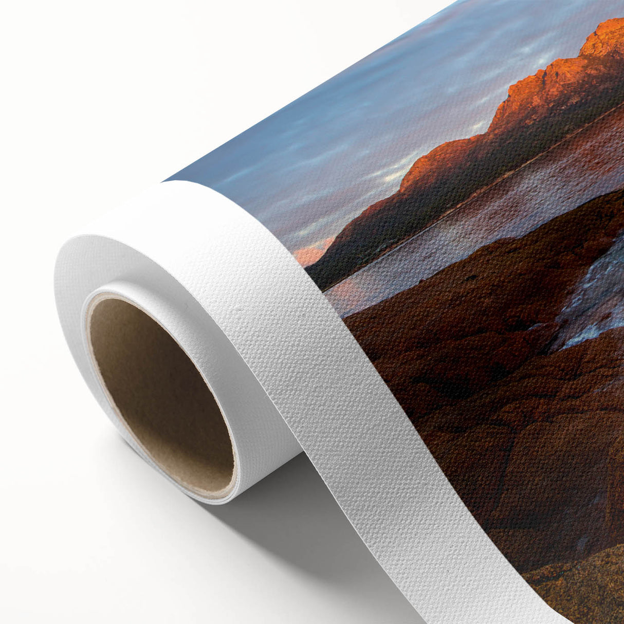 Art deco poster of a Tasmanian landscape in muted greens and blues on rolled canvas, ideal for nursery wall art.