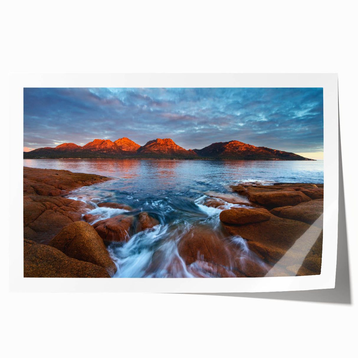 Rolled print of a Tasmanian landscape with vibrant greenery and floral elements, ideal for art wall dining room.