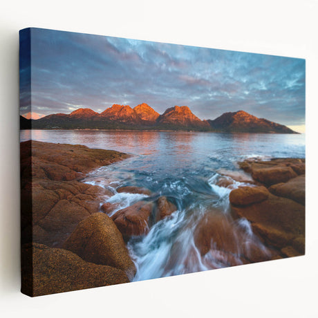 Scenic Tasmania landscape on large stretched canvas, featuring muted green and blue tones, ideal for kitchen wall art.