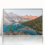 Acrylic print of Alberta, Canada scenery in art deco style with a white frame, suitable as modern nursery wall art.