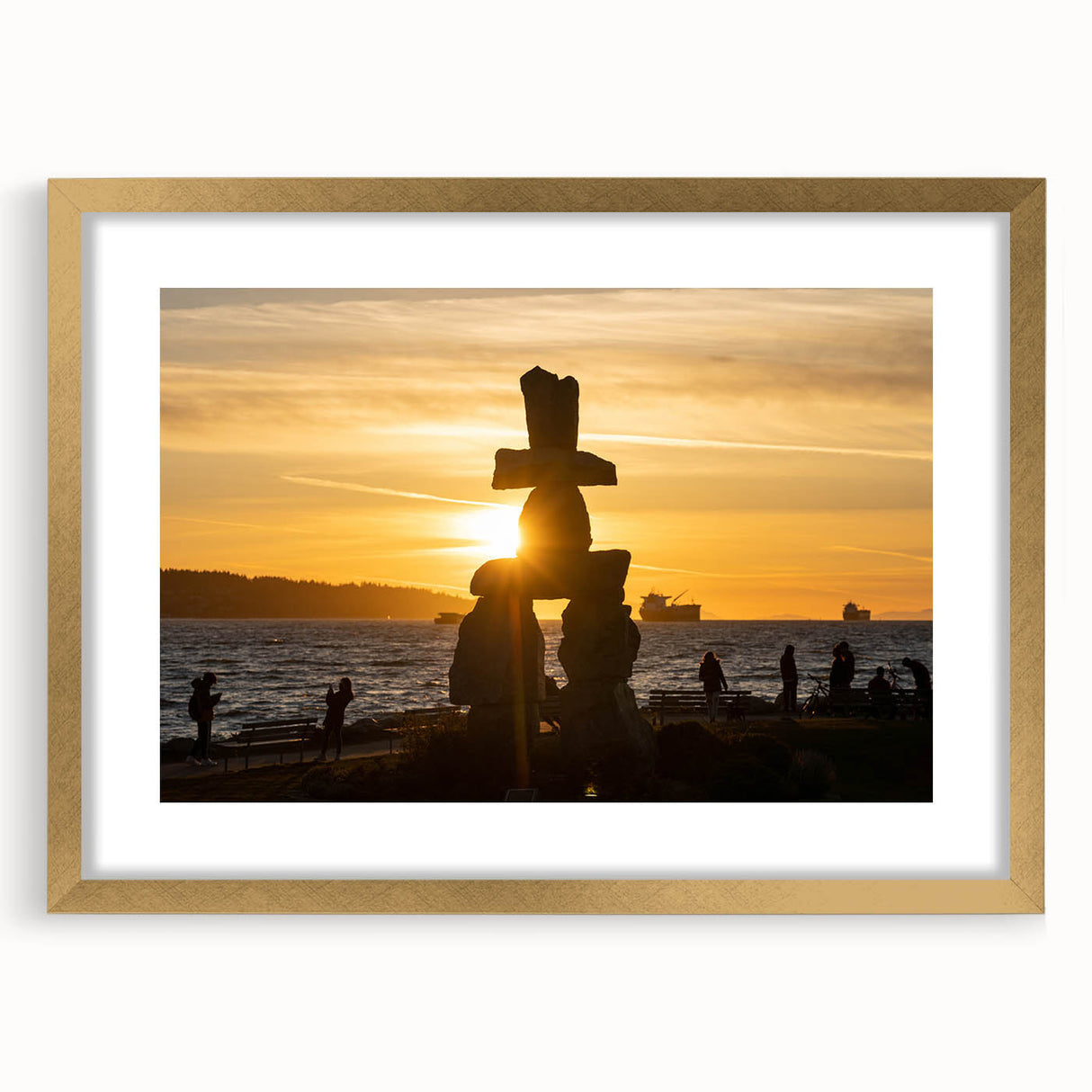Extra large abstract art print of a textured British Columbia scenery in muted earth tones, framed in gold.