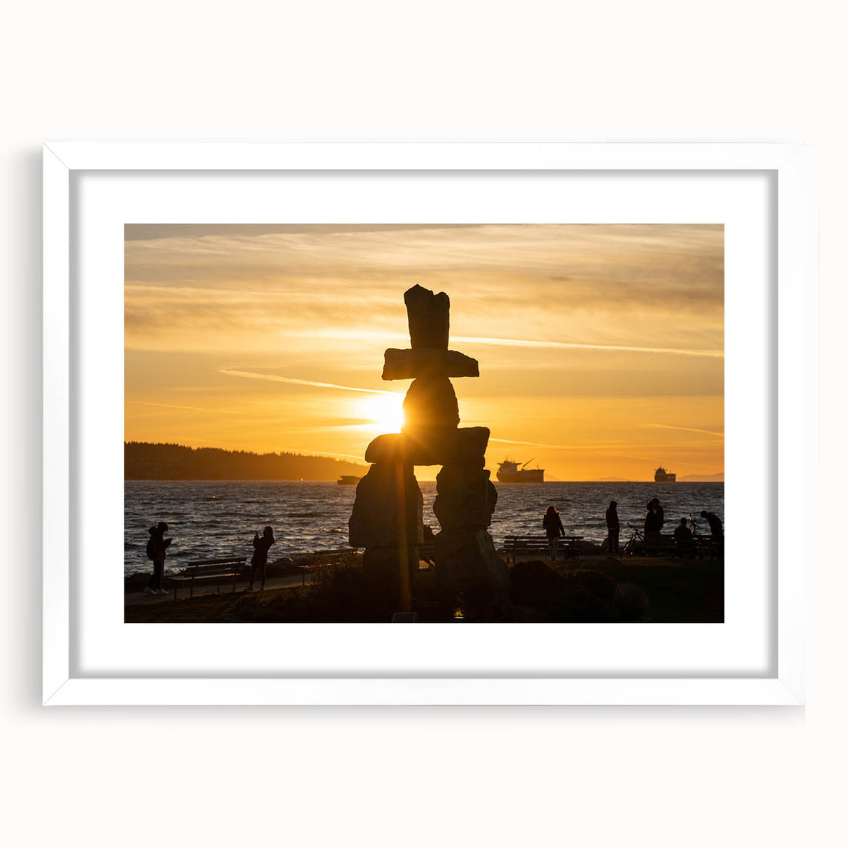 Abstract art print of British Columbia scenery in muted green and blue tones, framed with a white mat.