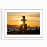 Abstract art print of British Columbia scenery in muted green and blue tones, framed with a white mat.