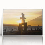 Acrylic print of a British Columbia landscape in muted green and blue tones, framed in white.
