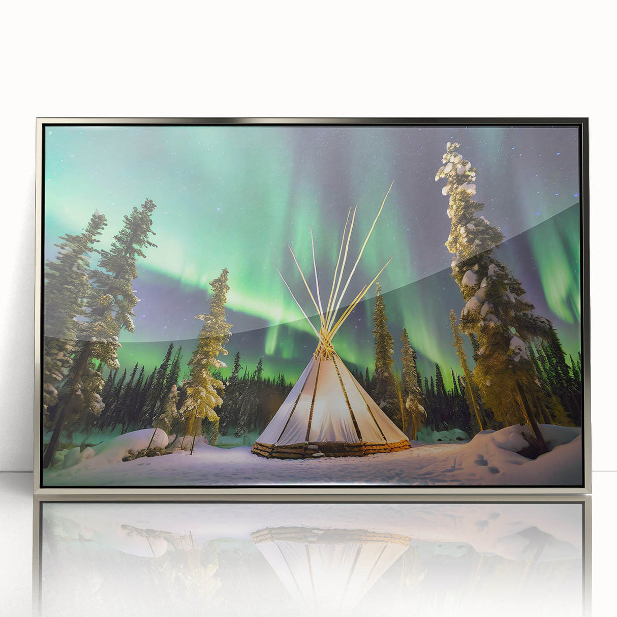 Mid-century modernist art depicting the Northwest Territories scenery in silver-framed acrylic.