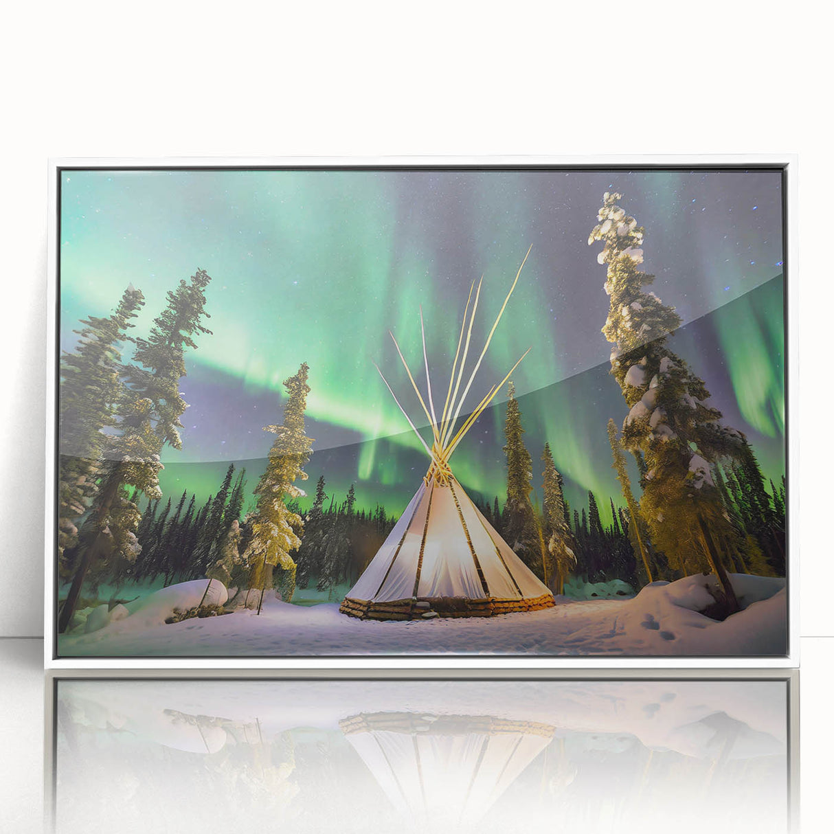 Framed acrylic print of a serene Northwest Territories landscape in cool blue and green tones.