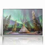 Framed acrylic print of a serene Northwest Territories landscape in cool blue and green tones.