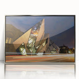 Mid-century modernist art depicting Ontario, Canada scenery in muted earth tones on a silver-framed acrylic print.