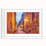 Abstract art print of Quebec scenery in muted earth tones, framed with a white mat.