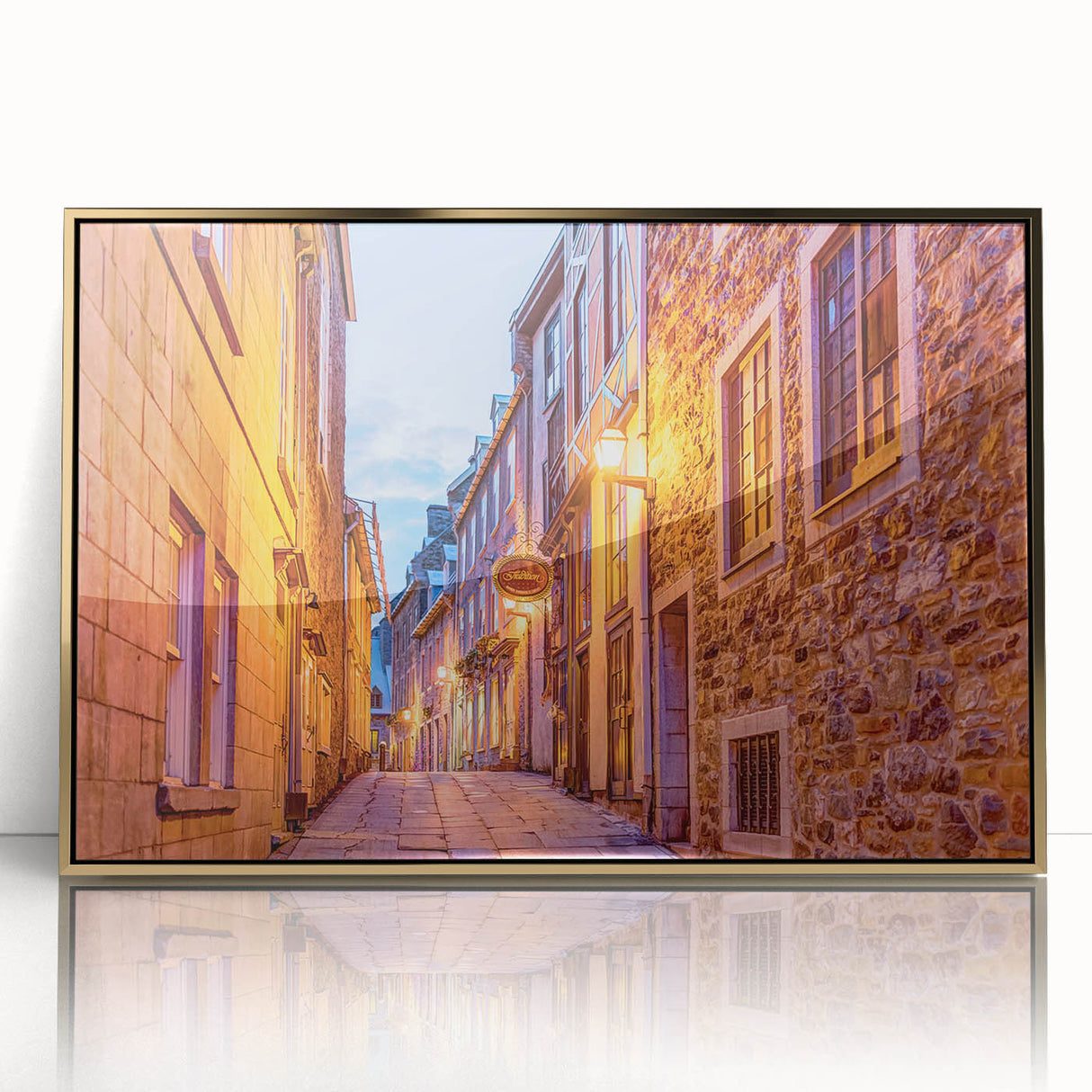 Framed acrylic print of a Quebec scenery in gold tones, ideal for nursery wall art.